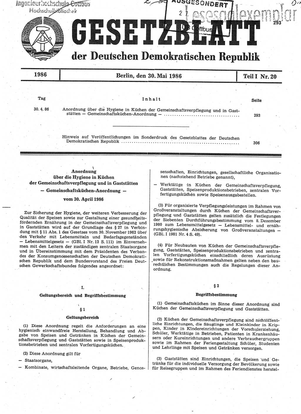 Gesetzblatt (GBl.) der Deutschen Demokratischen Republik (DDR) Teil Ⅰ 1986, Seite 293 (GBl. DDR Ⅰ 1986, S. 293)