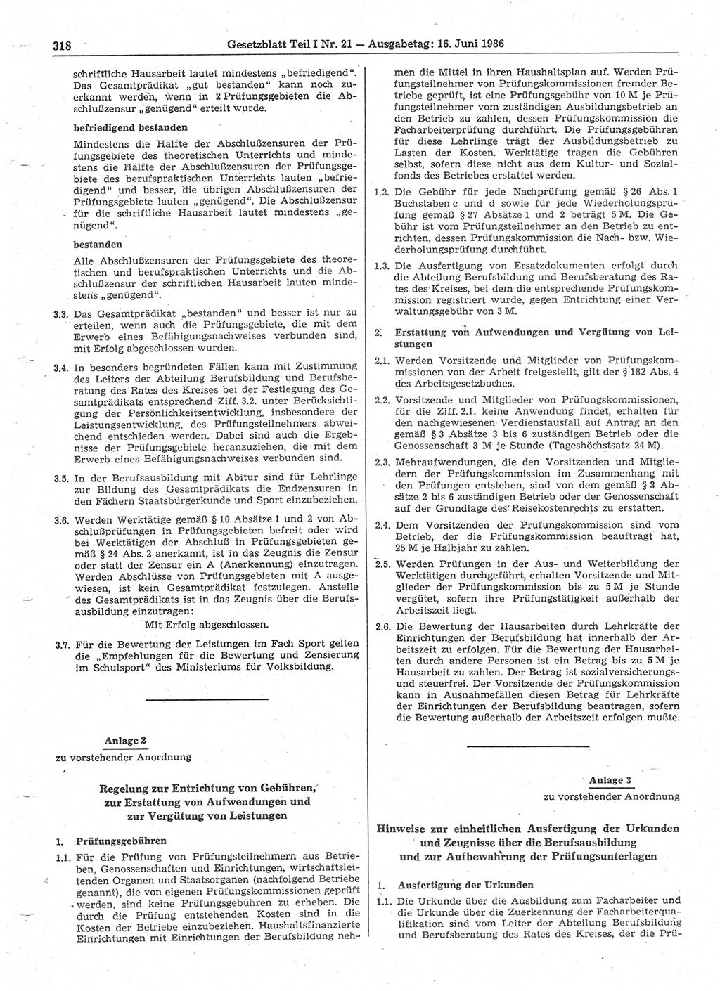 Gesetzblatt (GBl.) der Deutschen Demokratischen Republik (DDR) Teil Ⅰ 1986, Seite 318 (GBl. DDR Ⅰ 1986, S. 318)