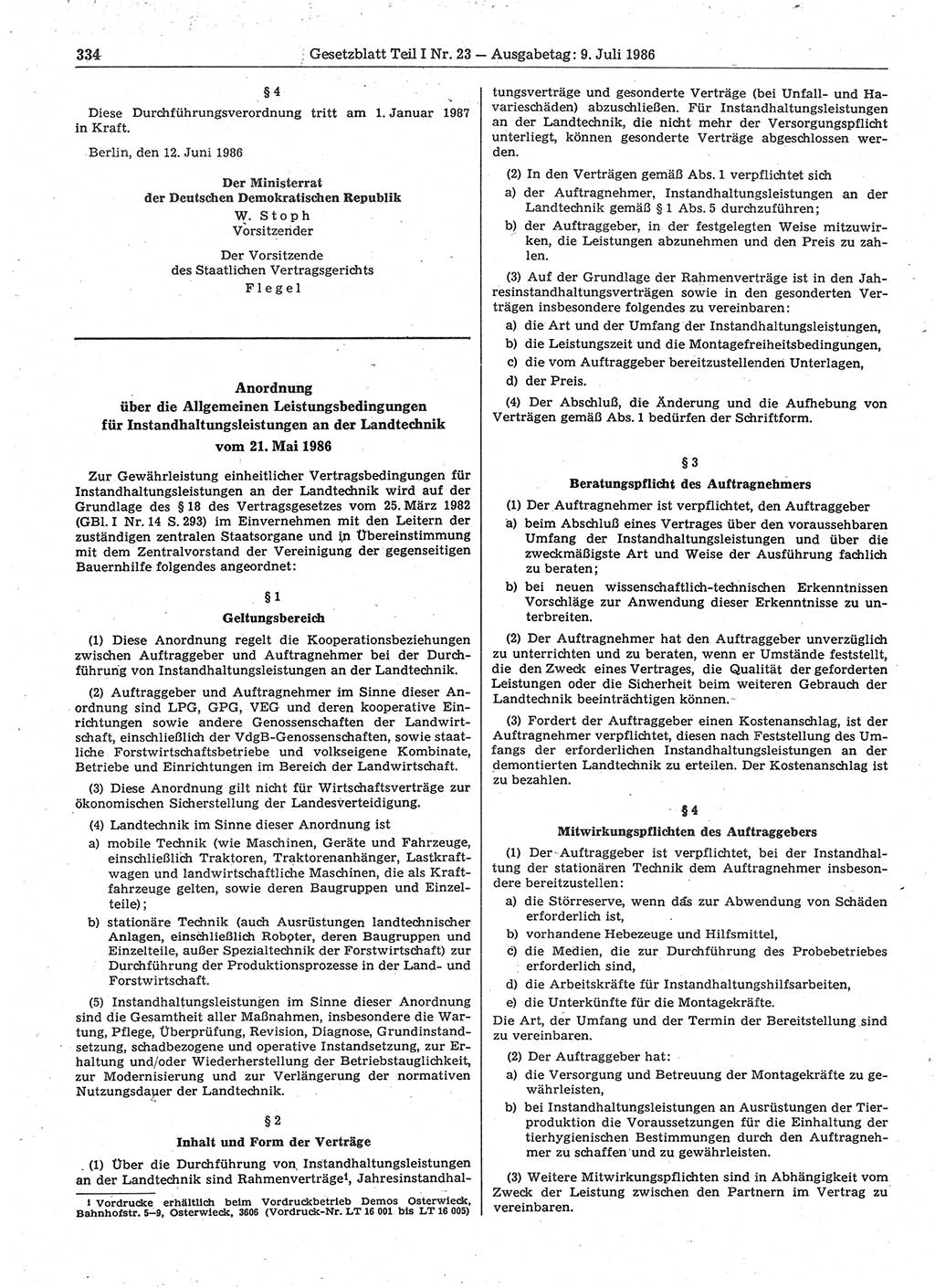 Gesetzblatt (GBl.) der Deutschen Demokratischen Republik (DDR) Teil Ⅰ 1986, Seite 334 (GBl. DDR Ⅰ 1986, S. 334)