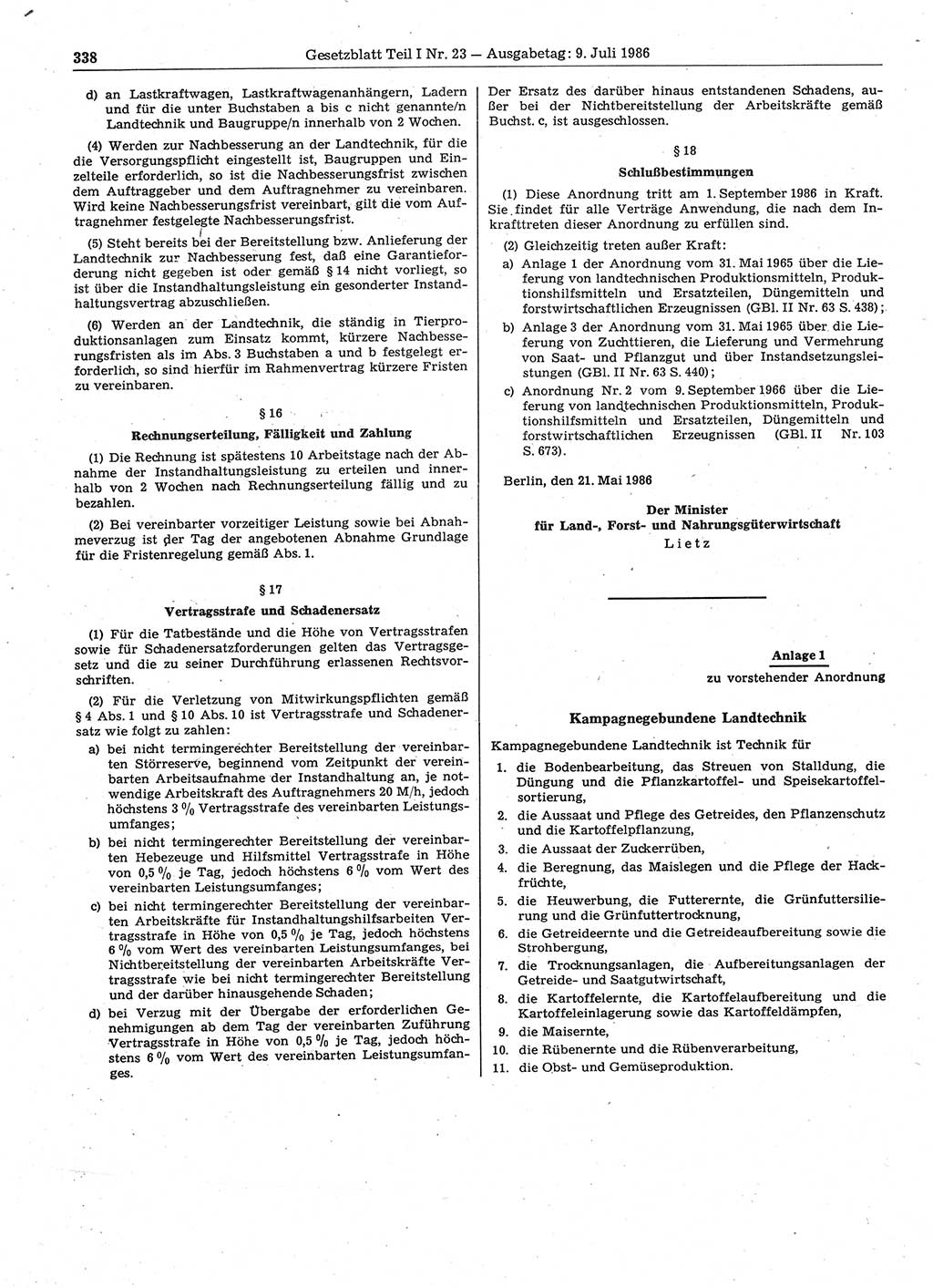 Gesetzblatt (GBl.) der Deutschen Demokratischen Republik (DDR) Teil Ⅰ 1986, Seite 338 (GBl. DDR Ⅰ 1986, S. 338)