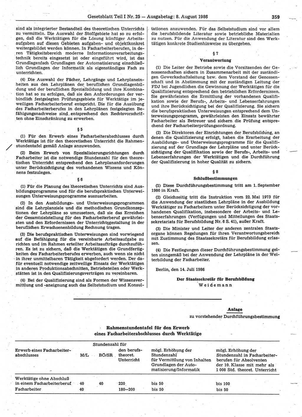 Gesetzblatt (GBl.) der Deutschen Demokratischen Republik (DDR) Teil Ⅰ 1986, Seite 359 (GBl. DDR Ⅰ 1986, S. 359)