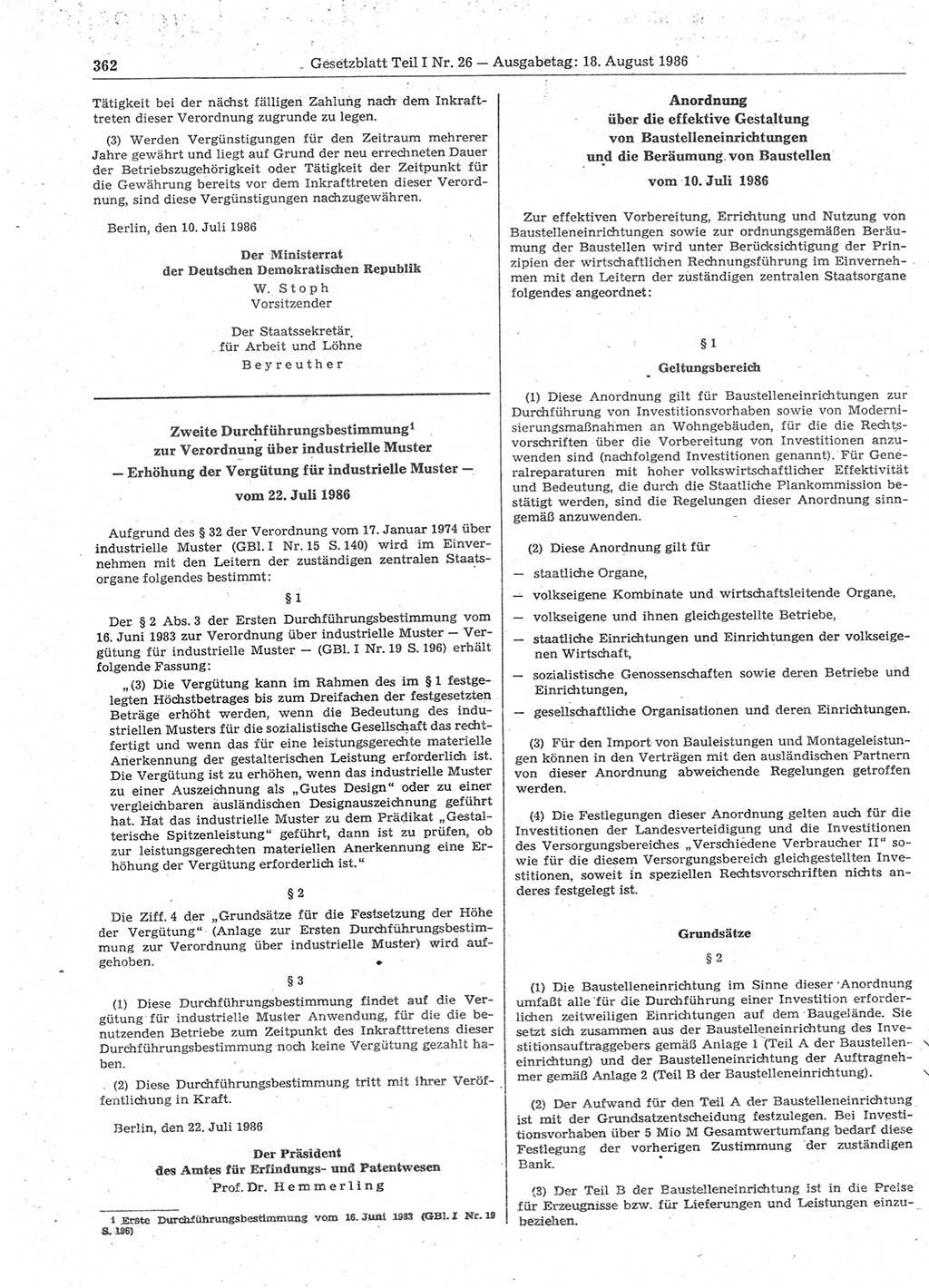 Gesetzblatt (GBl.) der Deutschen Demokratischen Republik (DDR) Teil Ⅰ 1986, Seite 362 (GBl. DDR Ⅰ 1986, S. 362)