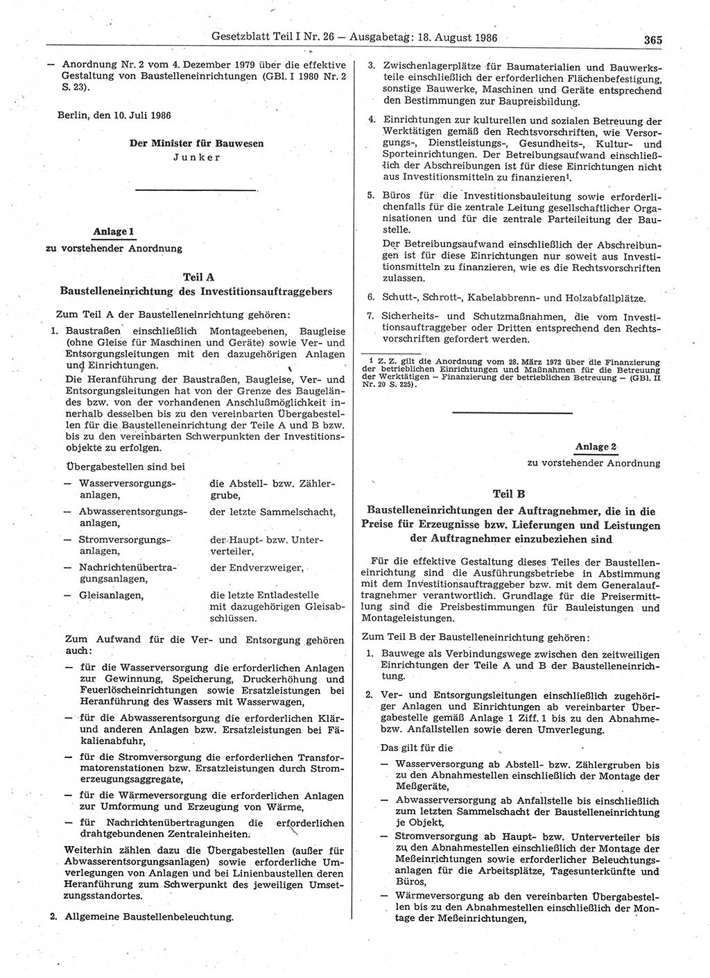 Gesetzblatt (GBl.) der Deutschen Demokratischen Republik (DDR) Teil Ⅰ 1986, Seite 365 (GBl. DDR Ⅰ 1986, S. 365)