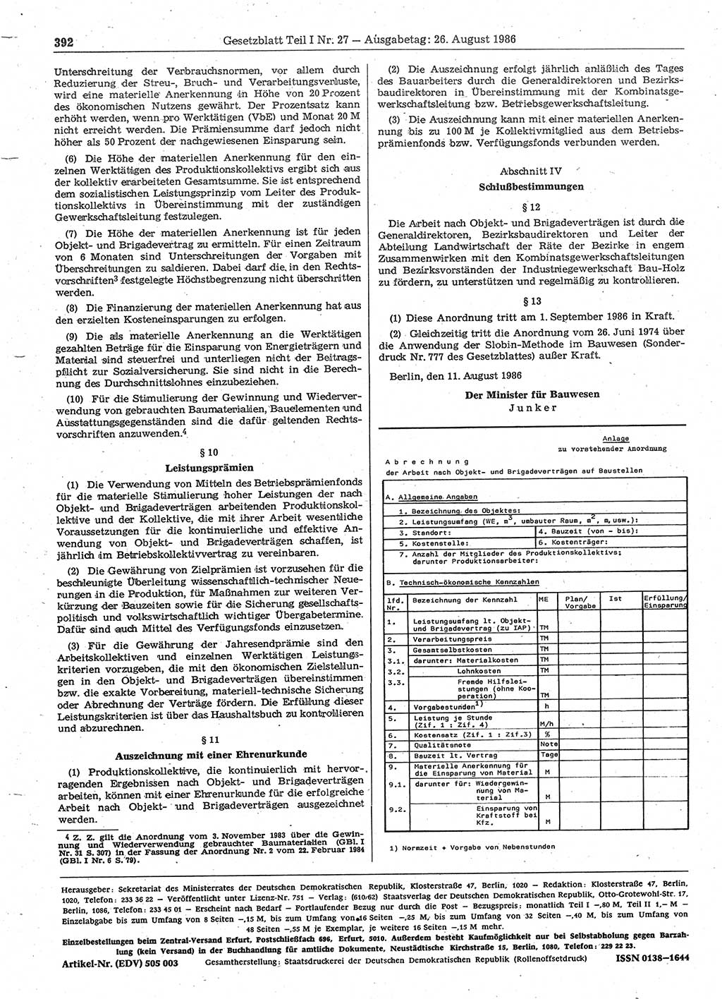 Gesetzblatt (GBl.) der Deutschen Demokratischen Republik (DDR) Teil Ⅰ 1986, Seite 392 (GBl. DDR Ⅰ 1986, S. 392)