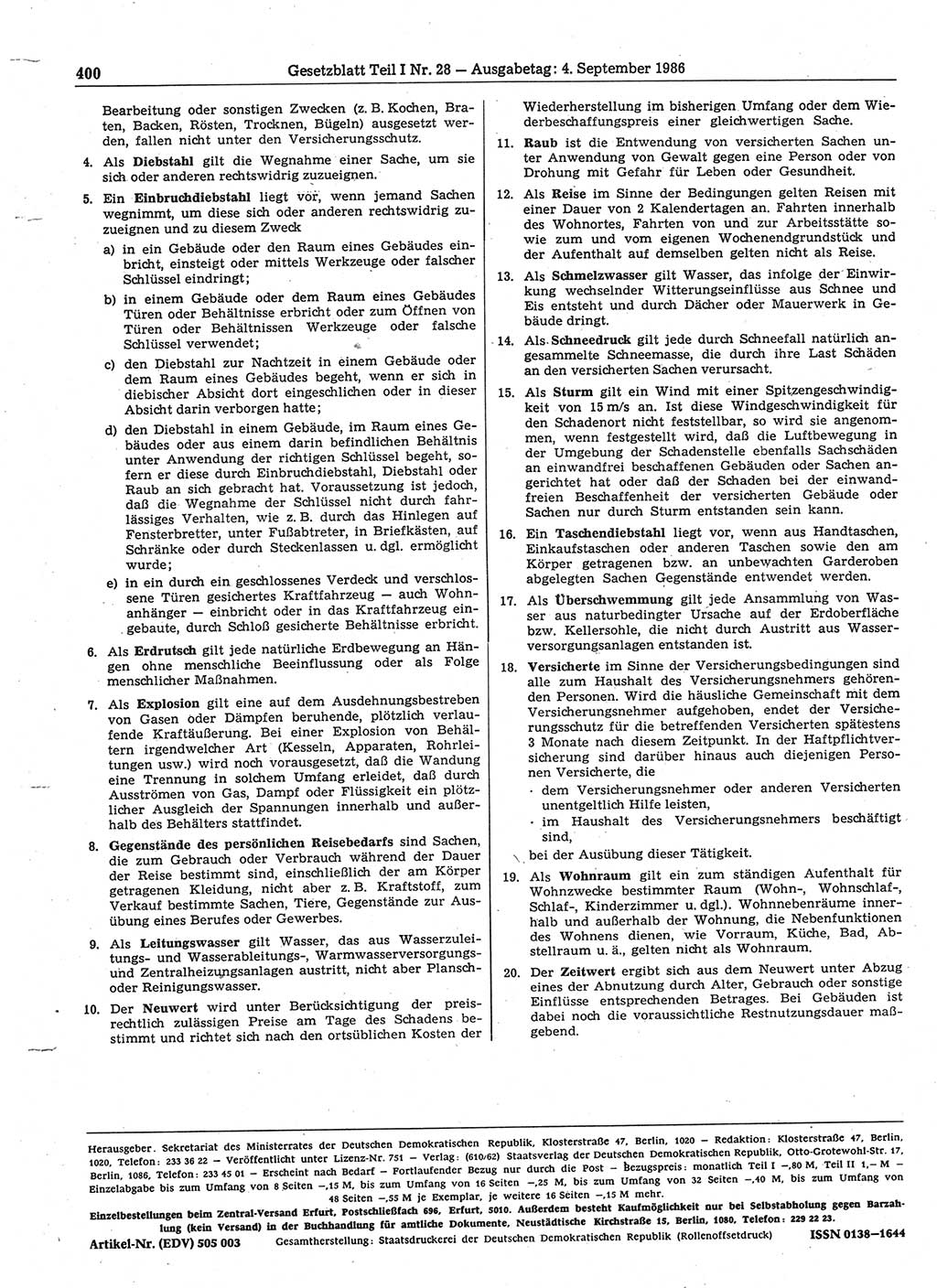Gesetzblatt (GBl.) der Deutschen Demokratischen Republik (DDR) Teil Ⅰ 1986, Seite 400 (GBl. DDR Ⅰ 1986, S. 400)