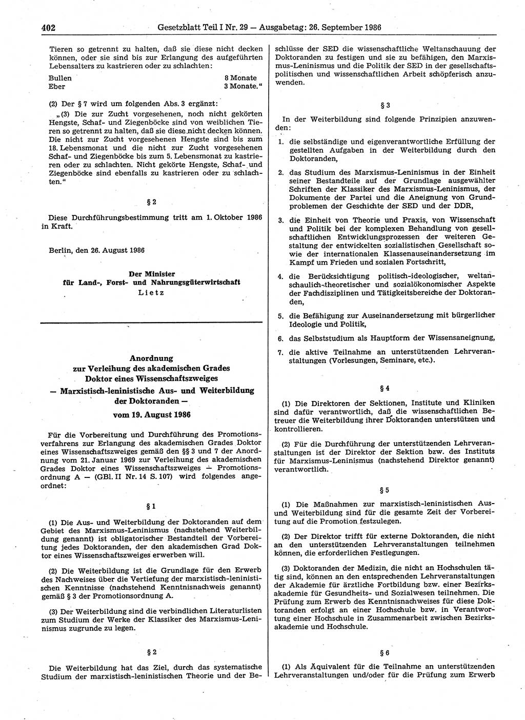 Gesetzblatt (GBl.) der Deutschen Demokratischen Republik (DDR) Teil Ⅰ 1986, Seite 402 (GBl. DDR Ⅰ 1986, S. 402)