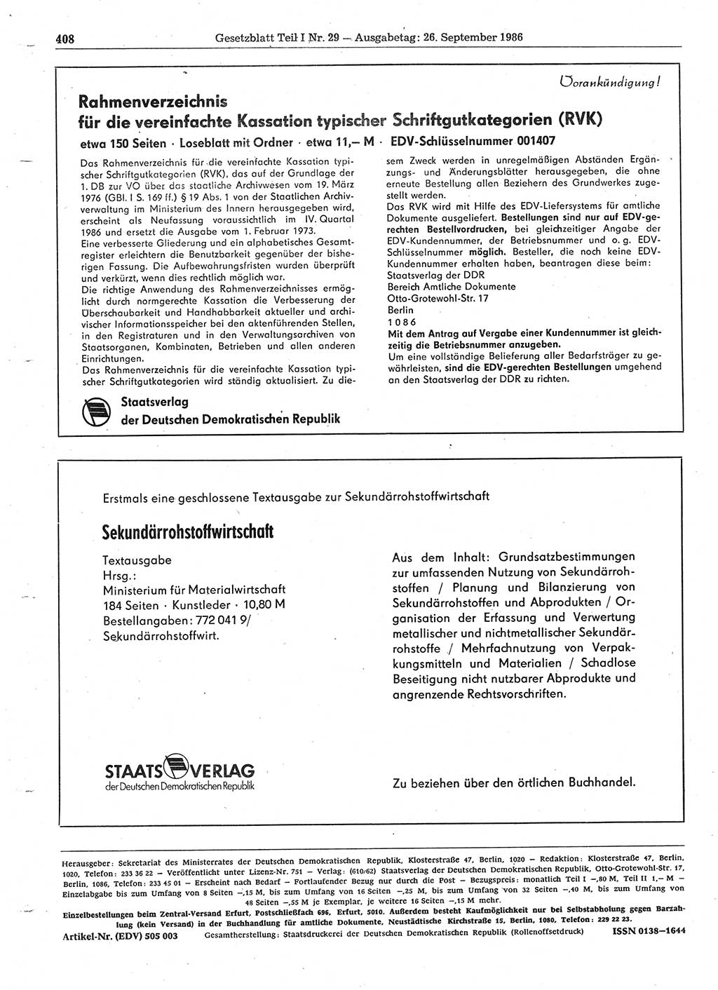 Gesetzblatt (GBl.) der Deutschen Demokratischen Republik (DDR) Teil Ⅰ 1986, Seite 408 (GBl. DDR Ⅰ 1986, S. 408)