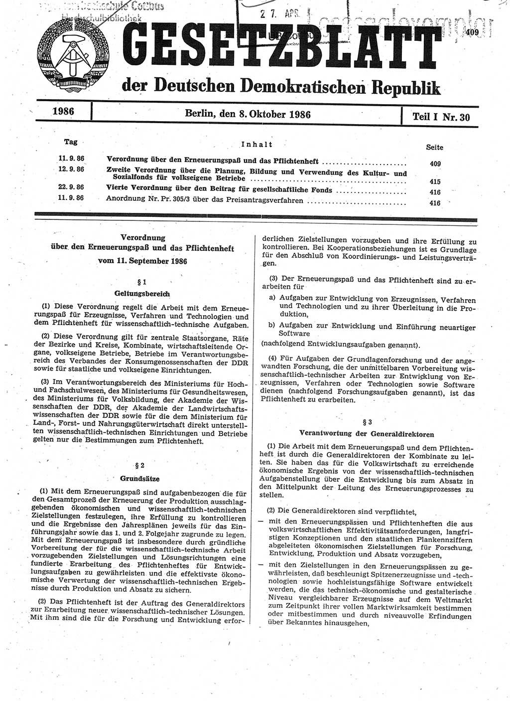 Gesetzblatt (GBl.) der Deutschen Demokratischen Republik (DDR) Teil Ⅰ 1986, Seite 409 (GBl. DDR Ⅰ 1986, S. 409)