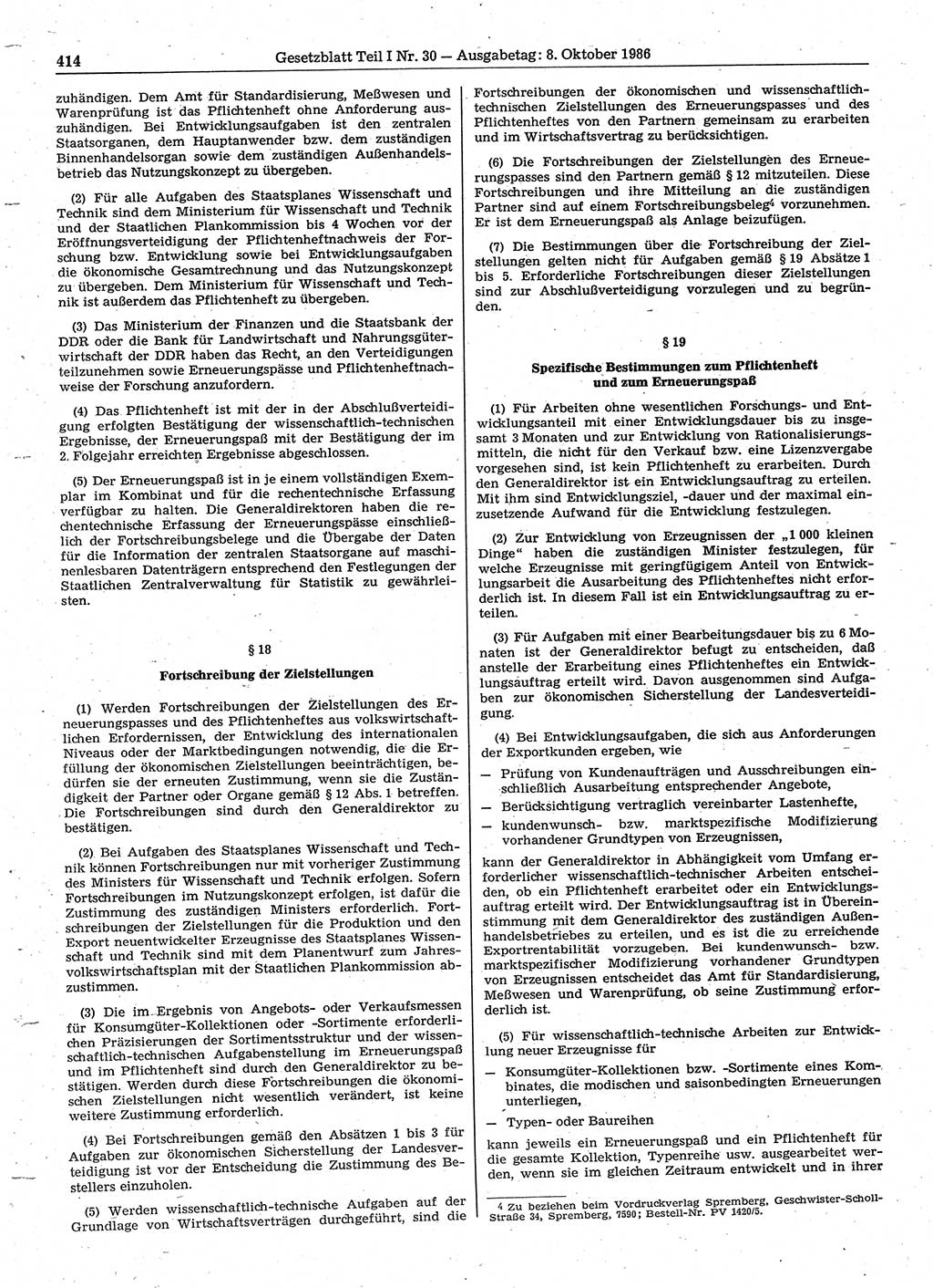 Gesetzblatt (GBl.) der Deutschen Demokratischen Republik (DDR) Teil Ⅰ 1986, Seite 414 (GBl. DDR Ⅰ 1986, S. 414)