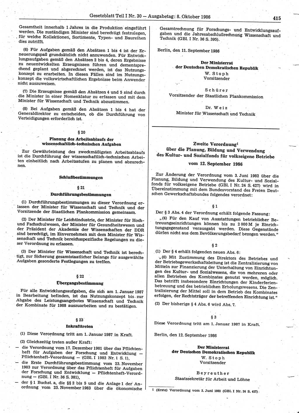 Gesetzblatt (GBl.) der Deutschen Demokratischen Republik (DDR) Teil Ⅰ 1986, Seite 415 (GBl. DDR Ⅰ 1986, S. 415)