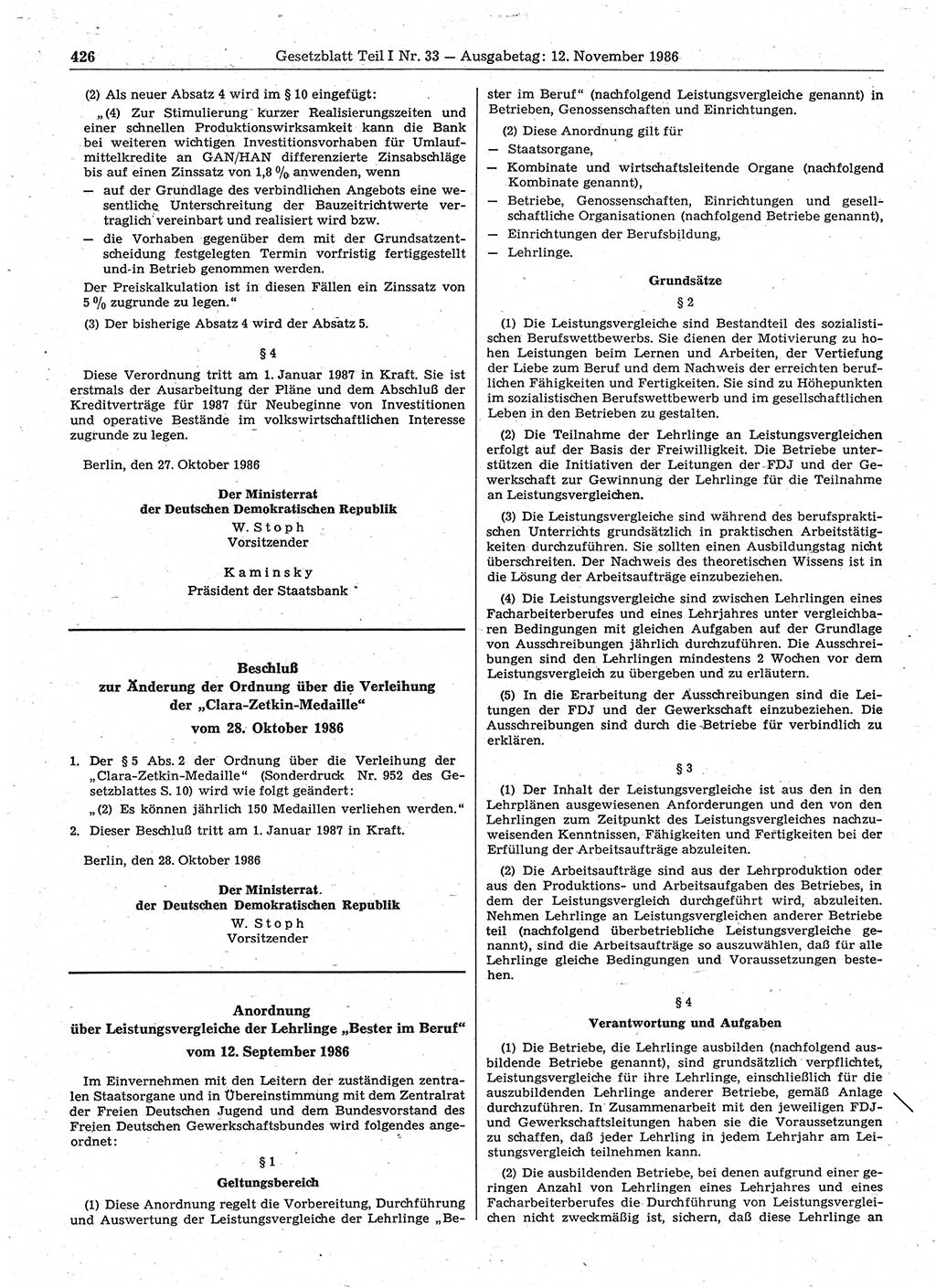 Gesetzblatt (GBl.) der Deutschen Demokratischen Republik (DDR) Teil Ⅰ 1986, Seite 426 (GBl. DDR Ⅰ 1986, S. 426)