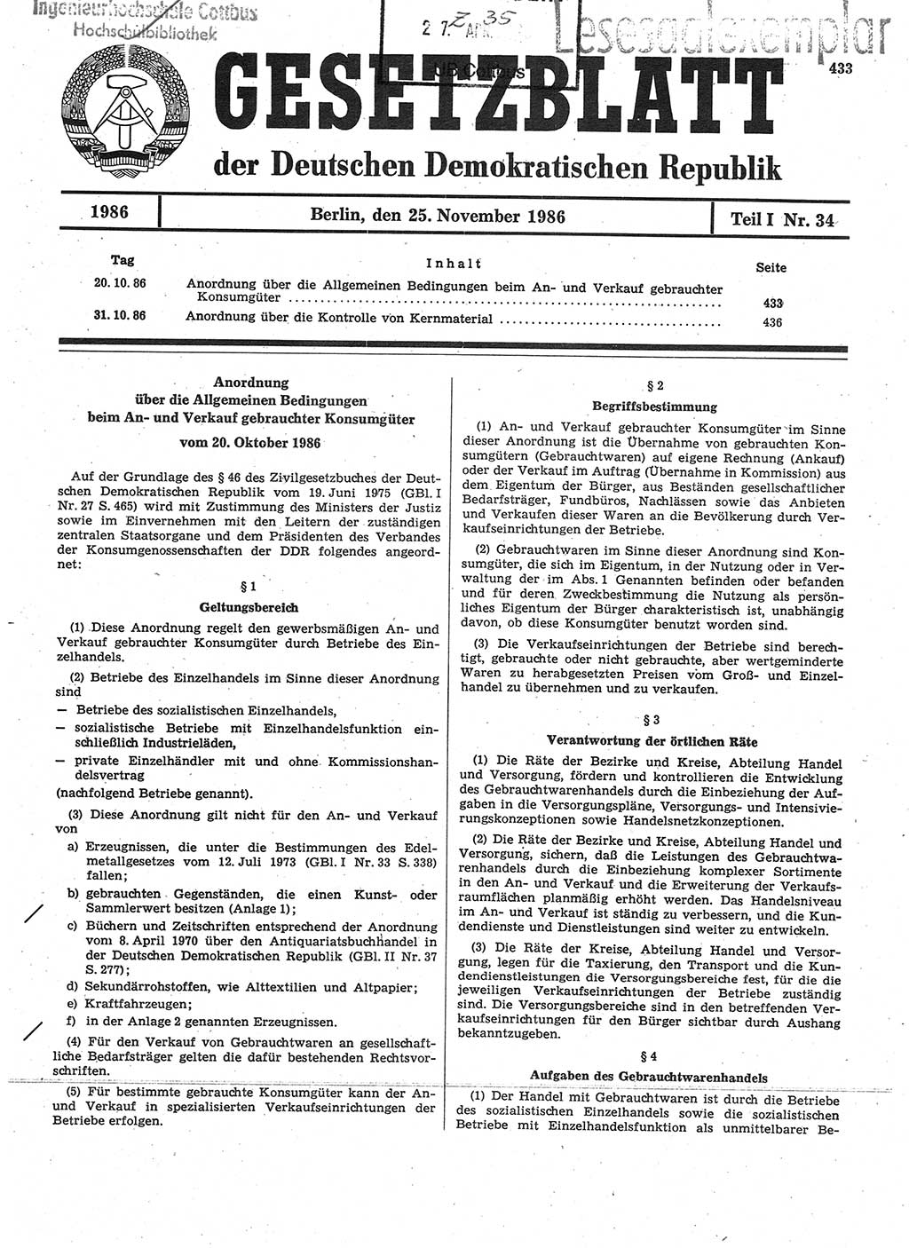 Gesetzblatt (GBl.) der Deutschen Demokratischen Republik (DDR) Teil Ⅰ 1986, Seite 433 (GBl. DDR Ⅰ 1986, S. 433)