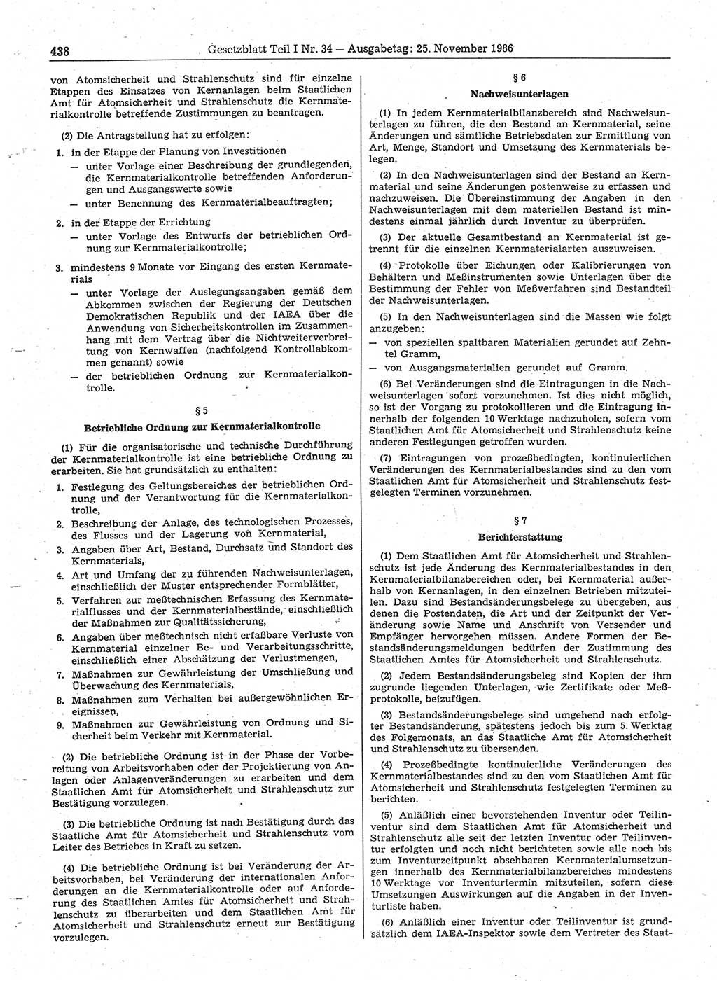 Gesetzblatt (GBl.) der Deutschen Demokratischen Republik (DDR) Teil Ⅰ 1986, Seite 438 (GBl. DDR Ⅰ 1986, S. 438)