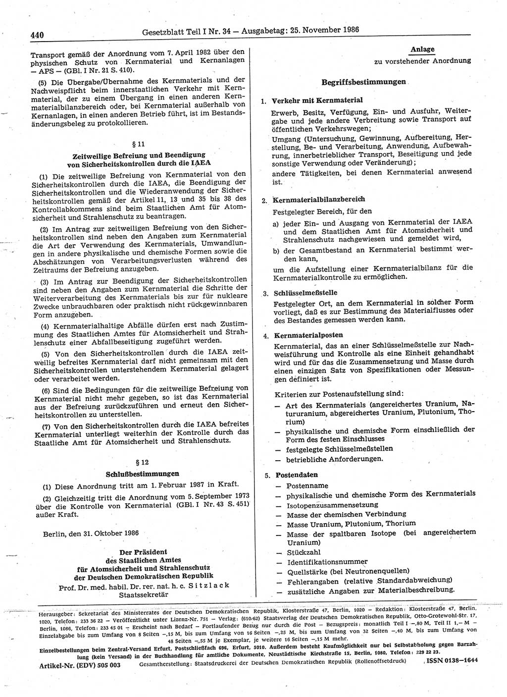 Gesetzblatt (GBl.) der Deutschen Demokratischen Republik (DDR) Teil Ⅰ 1986, Seite 440 (GBl. DDR Ⅰ 1986, S. 440)