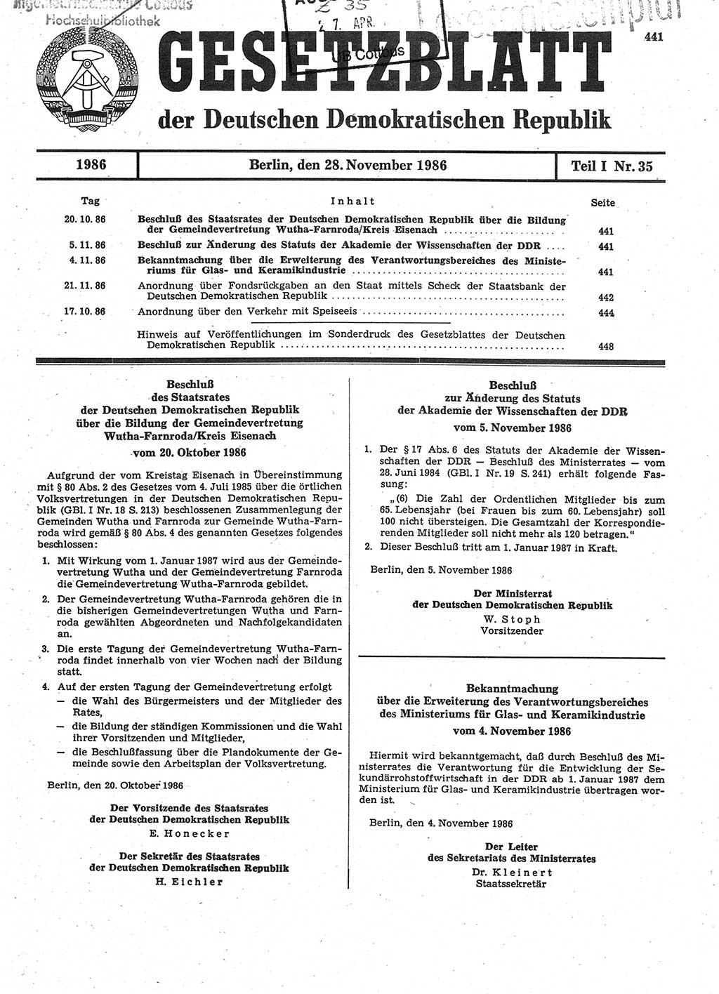 Gesetzblatt (GBl.) der Deutschen Demokratischen Republik (DDR) Teil Ⅰ 1986, Seite 441 (GBl. DDR Ⅰ 1986, S. 441)