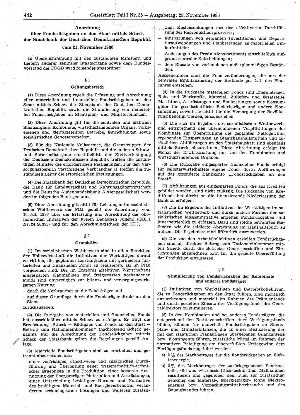 Gesetzblatt (GBl.) der Deutschen Demokratischen Republik (DDR) Teil Ⅰ 1986, Seite 442 (GBl. DDR Ⅰ 1986, S. 442)