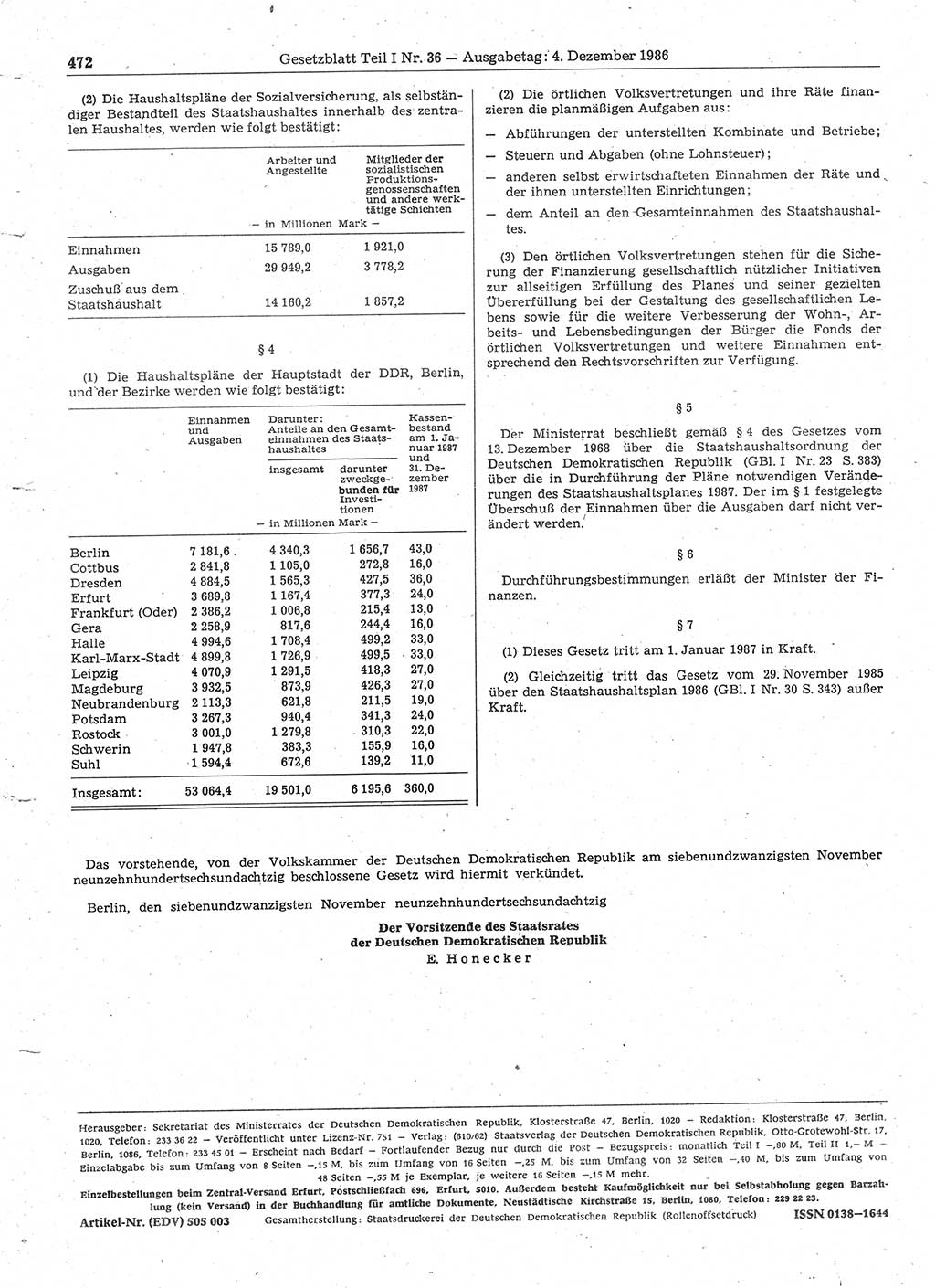 Gesetzblatt (GBl.) der Deutschen Demokratischen Republik (DDR) Teil Ⅰ 1986, Seite 472 (GBl. DDR Ⅰ 1986, S. 472)