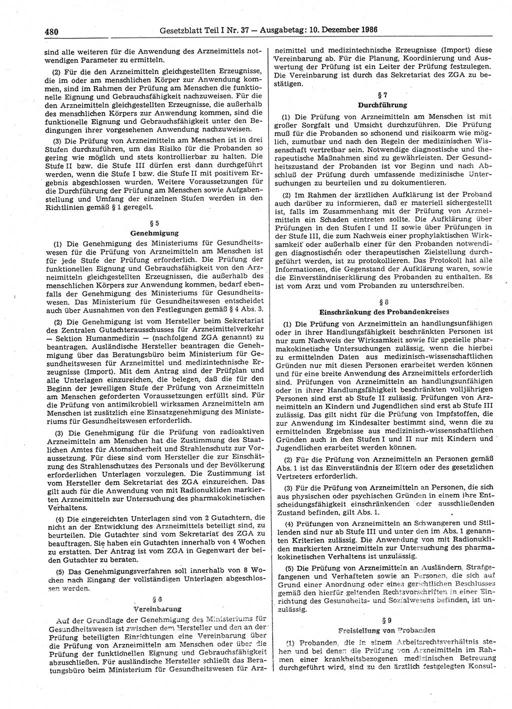 Gesetzblatt (GBl.) der Deutschen Demokratischen Republik (DDR) Teil Ⅰ 1986, Seite 480 (GBl. DDR Ⅰ 1986, S. 480)
