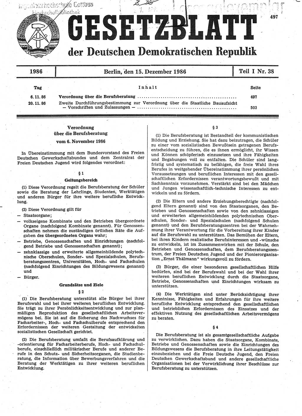Gesetzblatt (GBl.) der Deutschen Demokratischen Republik (DDR) Teil Ⅰ 1986, Seite 497 (GBl. DDR Ⅰ 1986, S. 497)