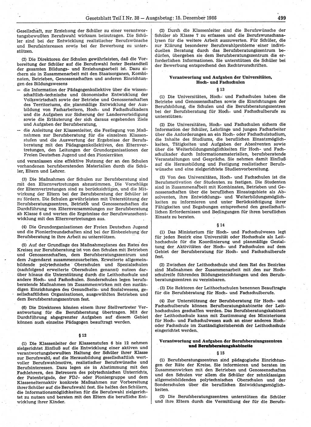 Gesetzblatt (GBl.) der Deutschen Demokratischen Republik (DDR) Teil Ⅰ 1986, Seite 499 (GBl. DDR Ⅰ 1986, S. 499)