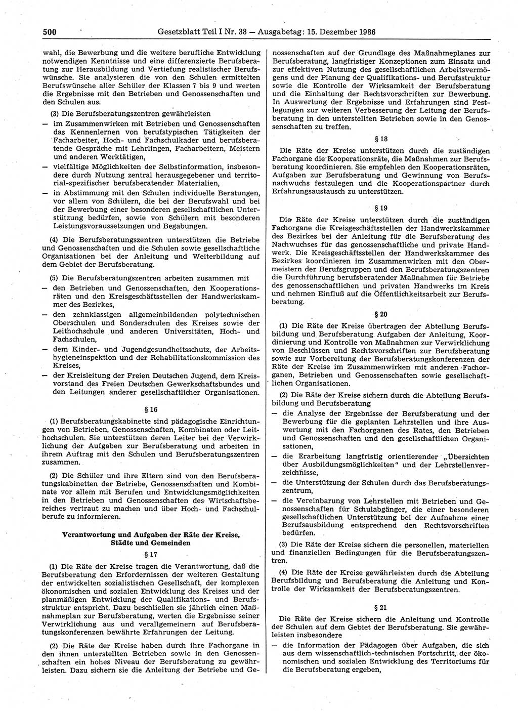 Gesetzblatt (GBl.) der Deutschen Demokratischen Republik (DDR) Teil Ⅰ 1986, Seite 500 (GBl. DDR Ⅰ 1986, S. 500)