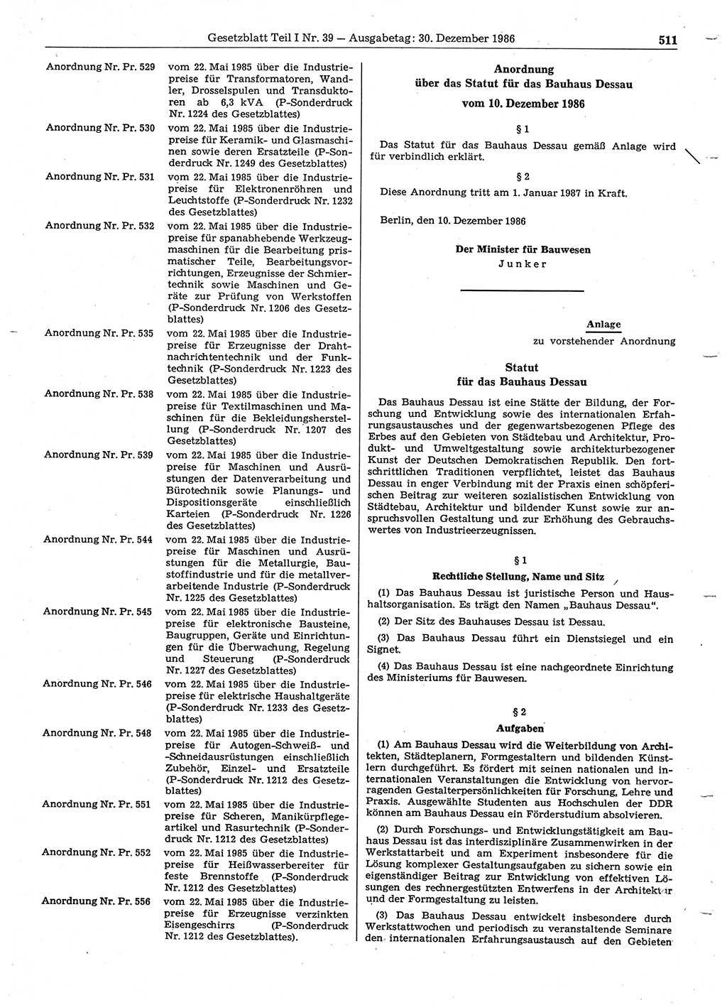 Gesetzblatt (GBl.) der Deutschen Demokratischen Republik (DDR) Teil Ⅰ 1986, Seite 511 (GBl. DDR Ⅰ 1986, S. 511)