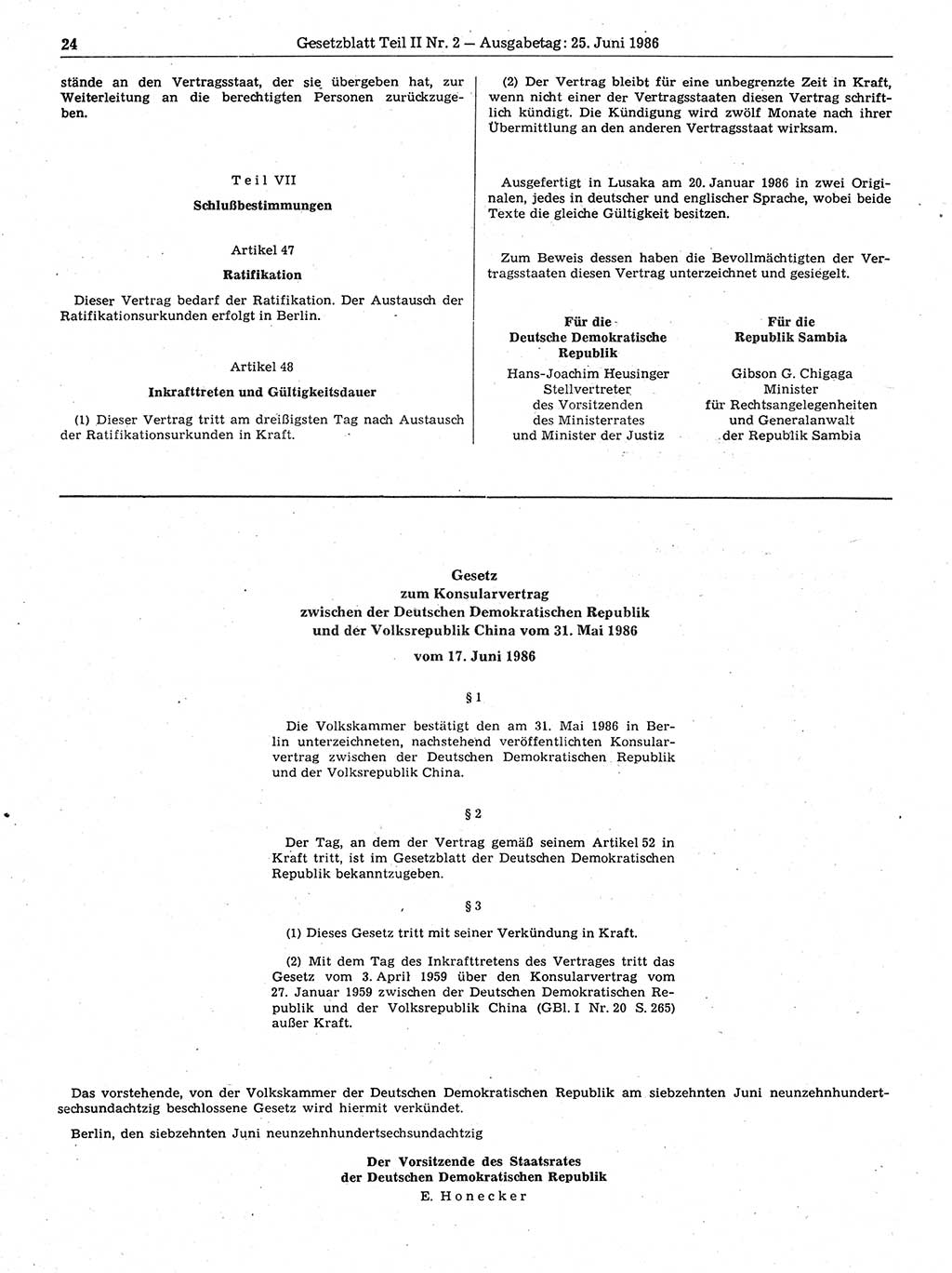 Gesetzblatt (GBl.) der Deutschen Demokratischen Republik (DDR) Teil ⅠⅠ 1986, Seite 24 (GBl. DDR ⅠⅠ 1986, S. 24)