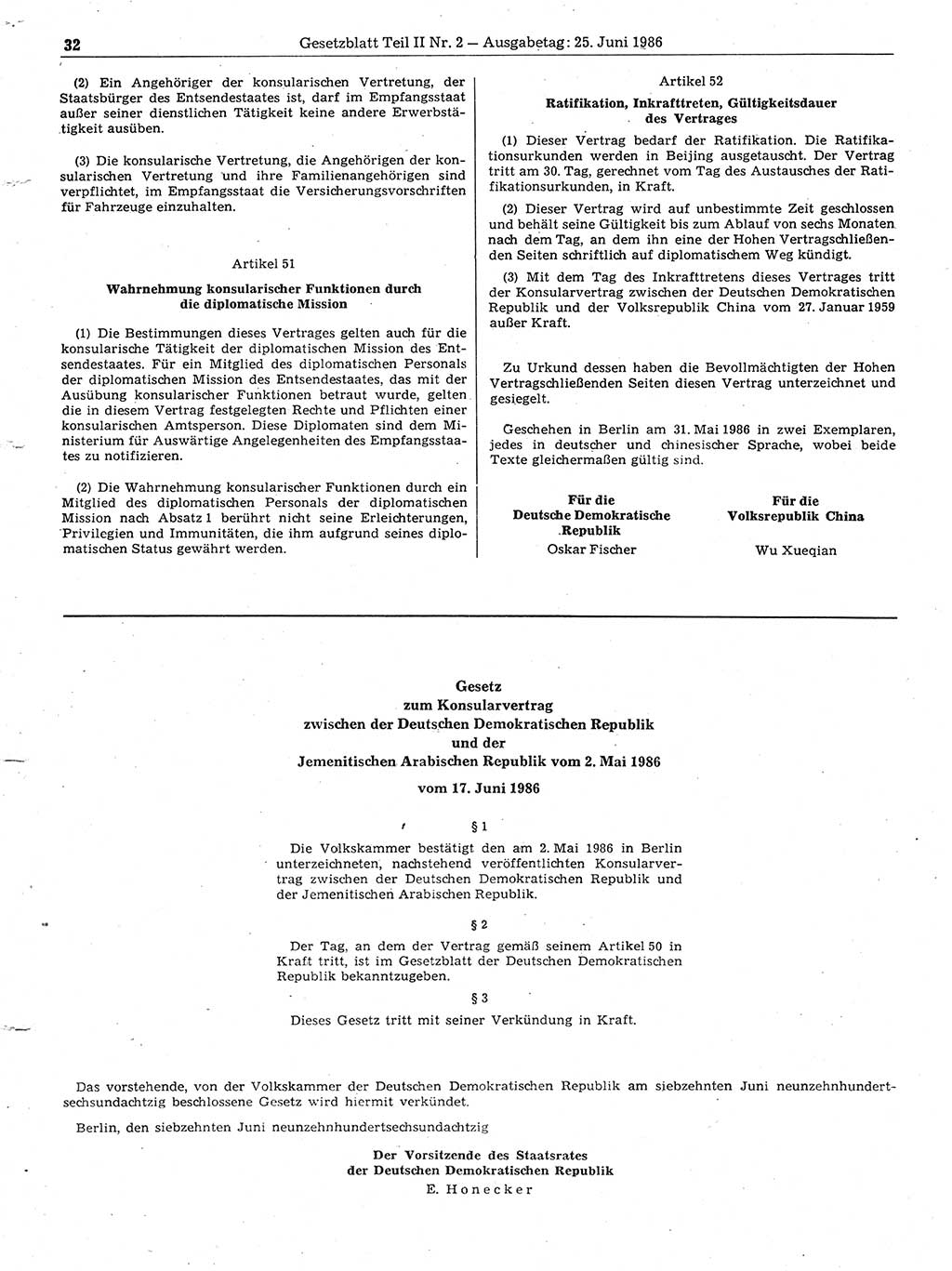 Gesetzblatt (GBl.) der Deutschen Demokratischen Republik (DDR) Teil ⅠⅠ 1986, Seite 32 (GBl. DDR ⅠⅠ 1986, S. 32)