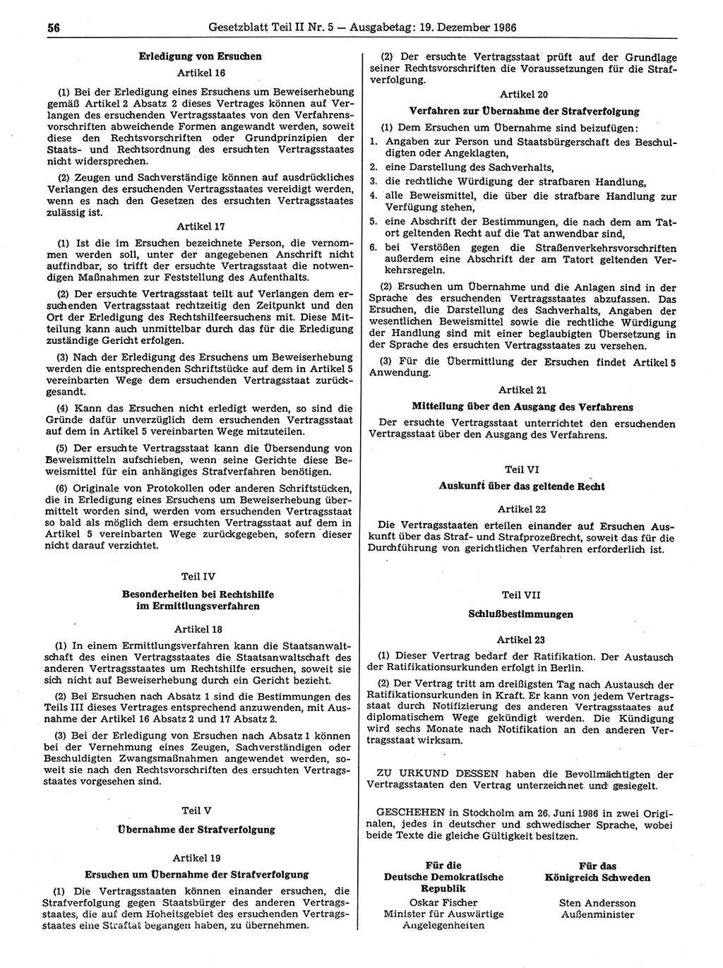 Gesetzblatt (GBl.) der Deutschen Demokratischen Republik (DDR) Teil ⅠⅠ 1986, Seite 56 (GBl. DDR ⅠⅠ 1986, S. 56)