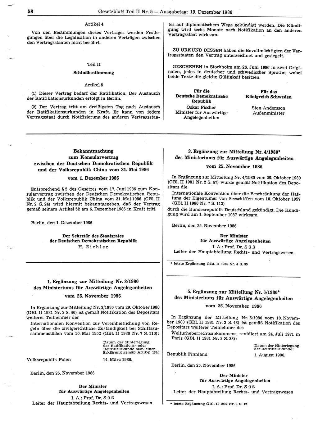 Gesetzblatt (GBl.) der Deutschen Demokratischen Republik (DDR) Teil ⅠⅠ 1986, Seite 58 (GBl. DDR ⅠⅠ 1986, S. 58)