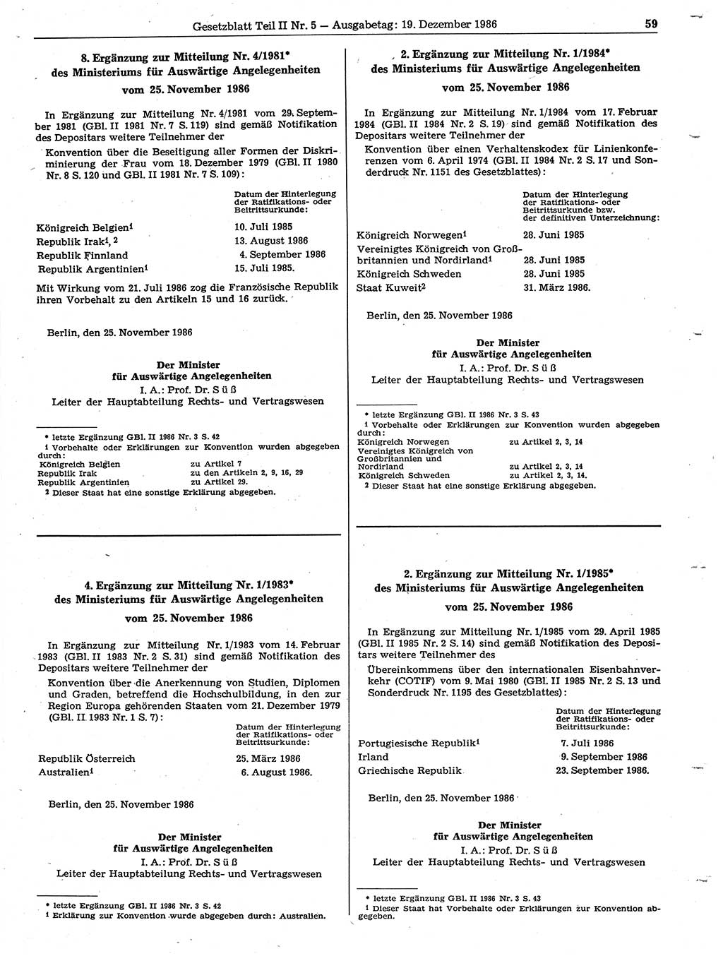 Gesetzblatt (GBl.) der Deutschen Demokratischen Republik (DDR) Teil ⅠⅠ 1986, Seite 59 (GBl. DDR ⅠⅠ 1986, S. 59)