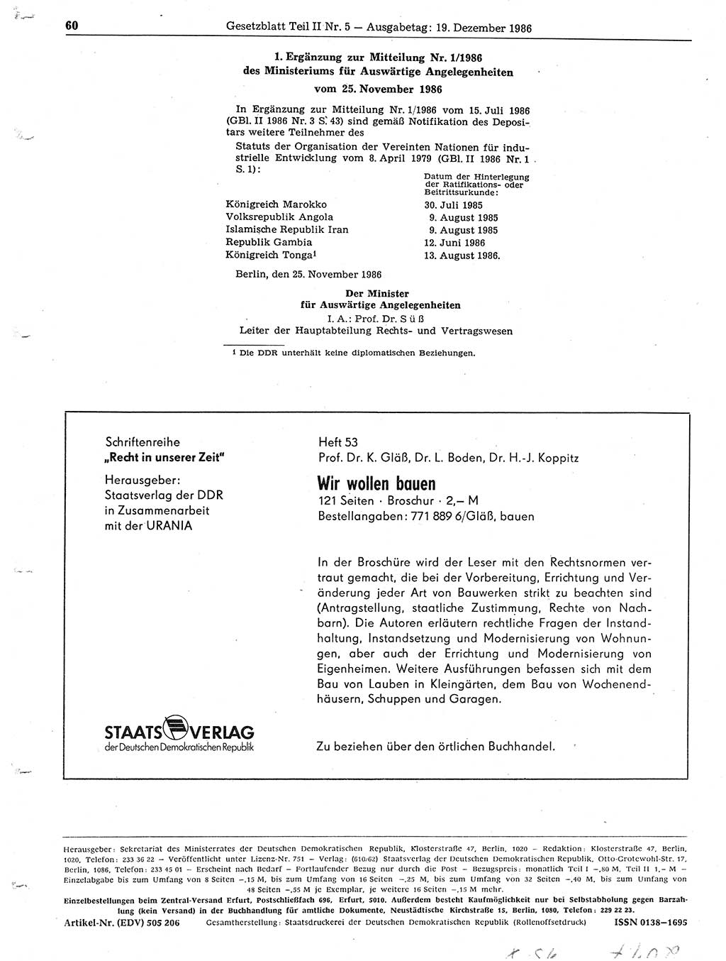 Gesetzblatt (GBl.) der Deutschen Demokratischen Republik (DDR) Teil ⅠⅠ 1986, Seite 60 (GBl. DDR ⅠⅠ 1986, S. 60)