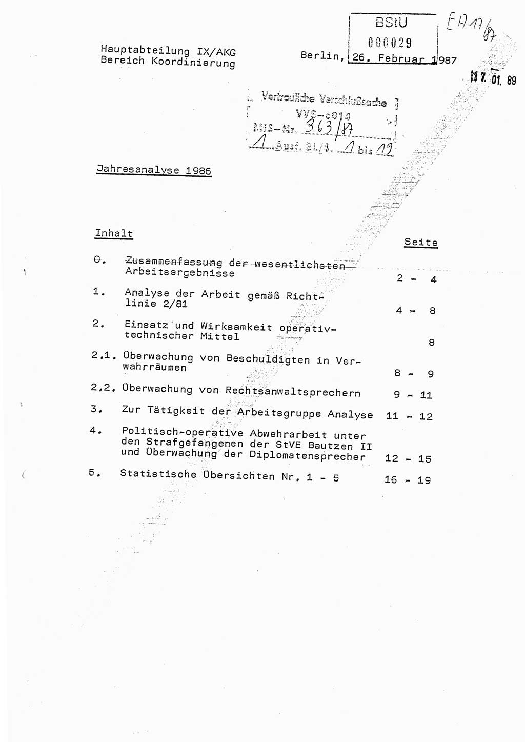 Ministerium für Staatssicherheit (MfS) [Deutsche Demokratische Republik (DDR)], Hauptabteilung (HA) Ⅸ/ Auswertungs- und Kontrollgruppe (AKG), Bereich Koordinierung, Jahresanalyse, Vertrauliche Verschlußsache (VVS) o014-363/87, Berlin 1987, Seite 1 (J.-Anal. MfS DDR HA Ⅸ/AKG VVS o014-363/87 1986, S. 1)