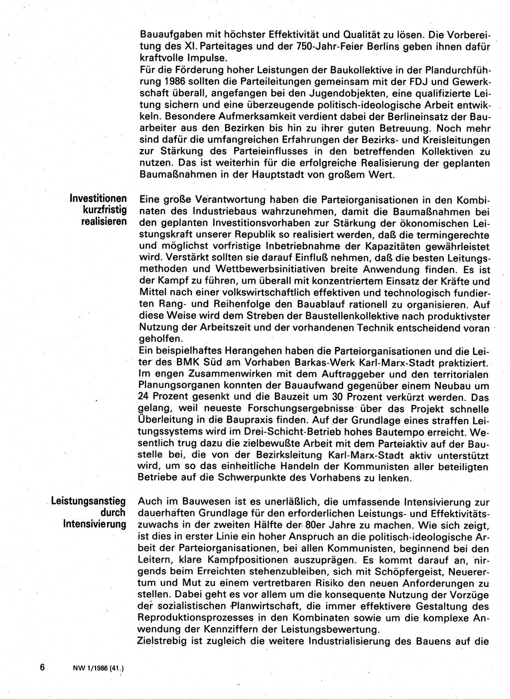 Neuer Weg (NW), Organ des Zentralkomitees (ZK) der SED (Sozialistische Einheitspartei Deutschlands) für Fragen des Parteilebens, 41. Jahrgang [Deutsche Demokratische Republik (DDR)] 1986, Seite 6 (NW ZK SED DDR 1986, S. 6)