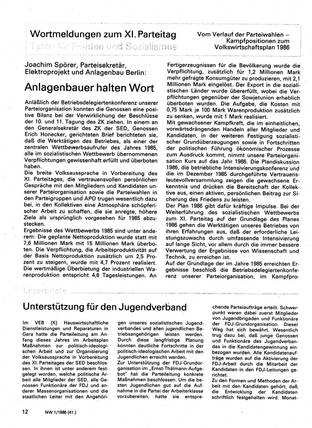 Neuer Weg (NW), Organ des Zentralkomitees (ZK) der SED (Sozialistische Einheitspartei Deutschlands) für Fragen des Parteilebens, 41. Jahrgang [Deutsche Demokratische Republik (DDR)] 1986, Seite 12 (NW ZK SED DDR 1986, S. 12)