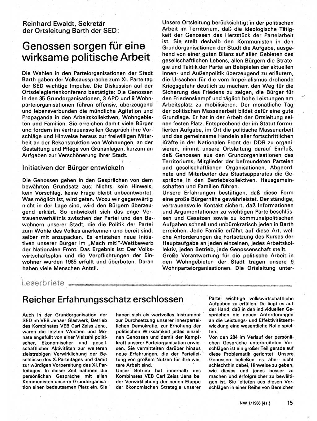 Neuer Weg (NW), Organ des Zentralkomitees (ZK) der SED (Sozialistische Einheitspartei Deutschlands) für Fragen des Parteilebens, 41. Jahrgang [Deutsche Demokratische Republik (DDR)] 1986, Seite 15 (NW ZK SED DDR 1986, S. 15)