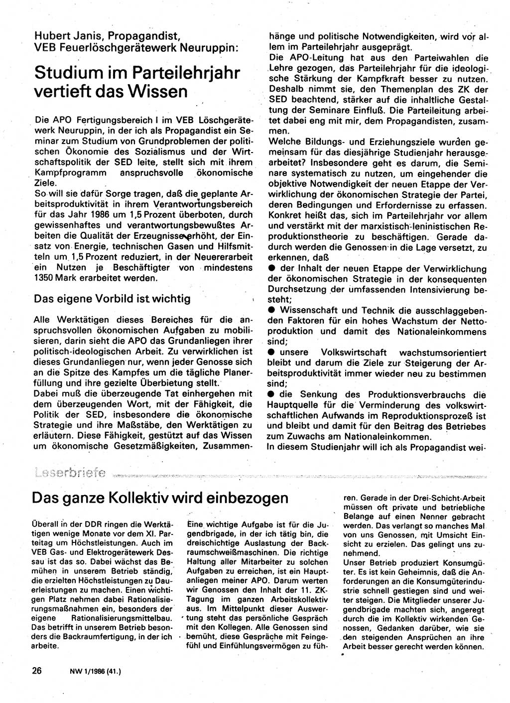 Neuer Weg (NW), Organ des Zentralkomitees (ZK) der SED (Sozialistische Einheitspartei Deutschlands) für Fragen des Parteilebens, 41. Jahrgang [Deutsche Demokratische Republik (DDR)] 1986, Seite 26 (NW ZK SED DDR 1986, S. 26)