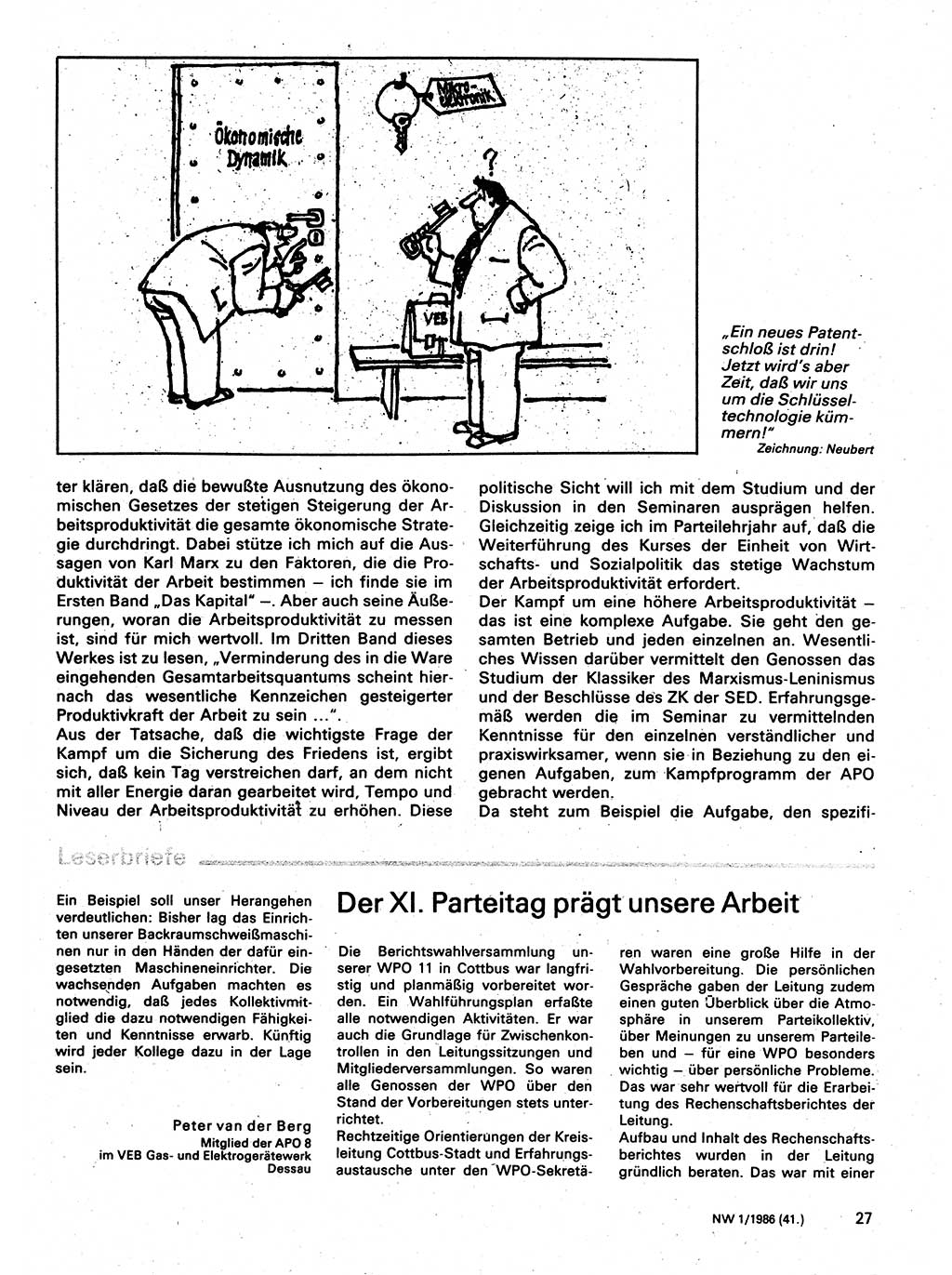 Neuer Weg (NW), Organ des Zentralkomitees (ZK) der SED (Sozialistische Einheitspartei Deutschlands) für Fragen des Parteilebens, 41. Jahrgang [Deutsche Demokratische Republik (DDR)] 1986, Seite 27 (NW ZK SED DDR 1986, S. 27)