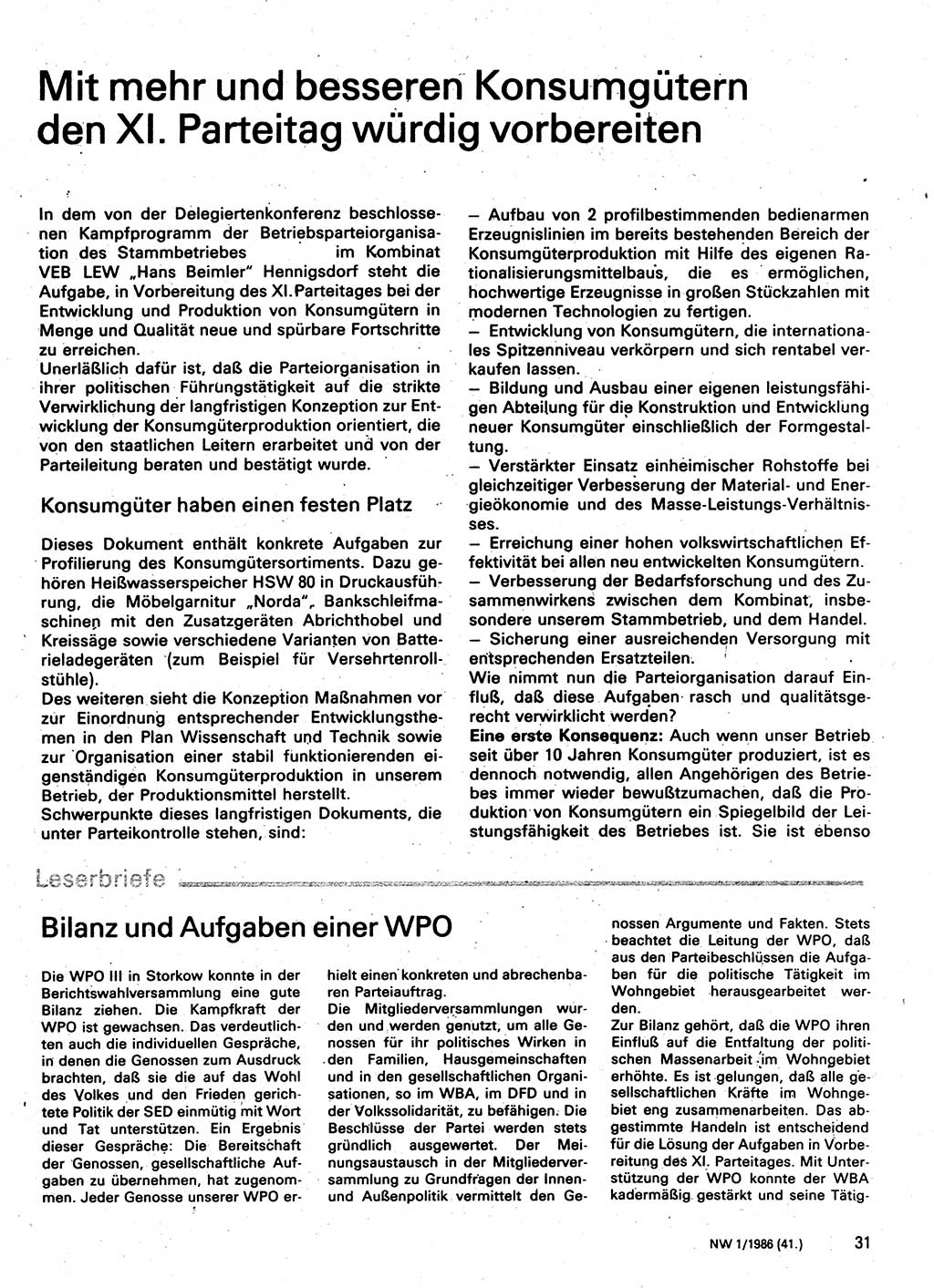 Neuer Weg (NW), Organ des Zentralkomitees (ZK) der SED (Sozialistische Einheitspartei Deutschlands) für Fragen des Parteilebens, 41. Jahrgang [Deutsche Demokratische Republik (DDR)] 1986, Seite 31 (NW ZK SED DDR 1986, S. 31)