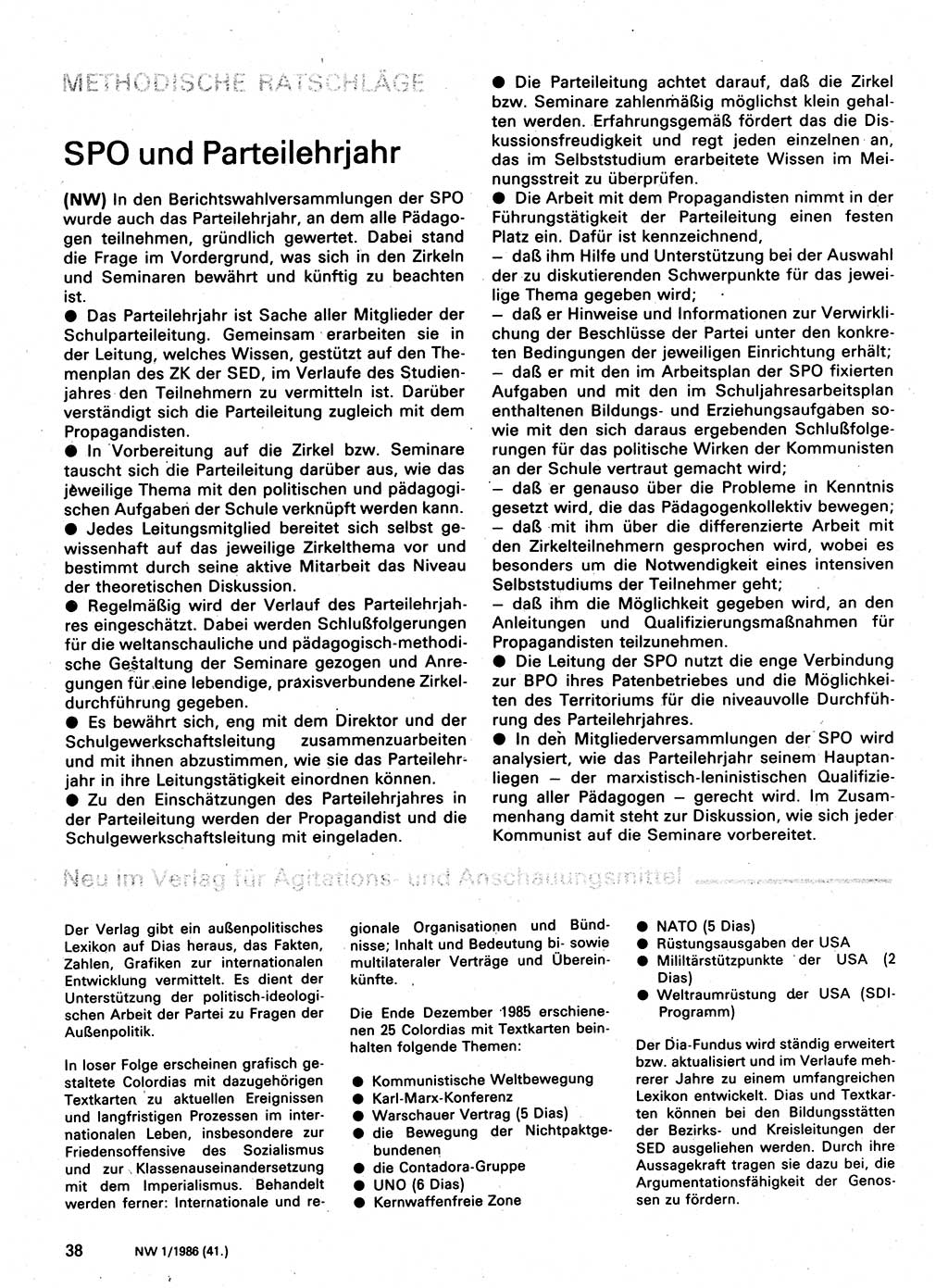 Neuer Weg (NW), Organ des Zentralkomitees (ZK) der SED (Sozialistische Einheitspartei Deutschlands) für Fragen des Parteilebens, 41. Jahrgang [Deutsche Demokratische Republik (DDR)] 1986, Seite 38 (NW ZK SED DDR 1986, S. 38)