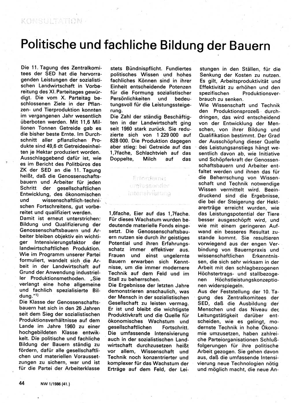 Neuer Weg (NW), Organ des Zentralkomitees (ZK) der SED (Sozialistische Einheitspartei Deutschlands) für Fragen des Parteilebens, 41. Jahrgang [Deutsche Demokratische Republik (DDR)] 1986, Seite 44 (NW ZK SED DDR 1986, S. 44)