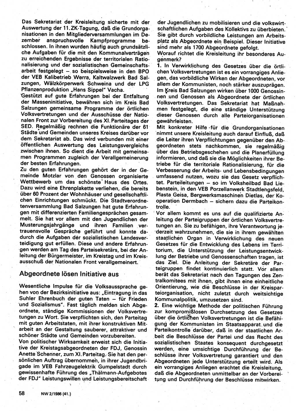 Neuer Weg (NW), Organ des Zentralkomitees (ZK) der SED (Sozialistische Einheitspartei Deutschlands) für Fragen des Parteilebens, 41. Jahrgang [Deutsche Demokratische Republik (DDR)] 1986, Seite 58 (NW ZK SED DDR 1986, S. 58)