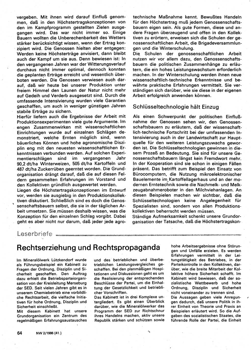 Neuer Weg (NW), Organ des Zentralkomitees (ZK) der SED (Sozialistische Einheitspartei Deutschlands) für Fragen des Parteilebens, 41. Jahrgang [Deutsche Demokratische Republik (DDR)] 1986, Seite 64 (NW ZK SED DDR 1986, S. 64)