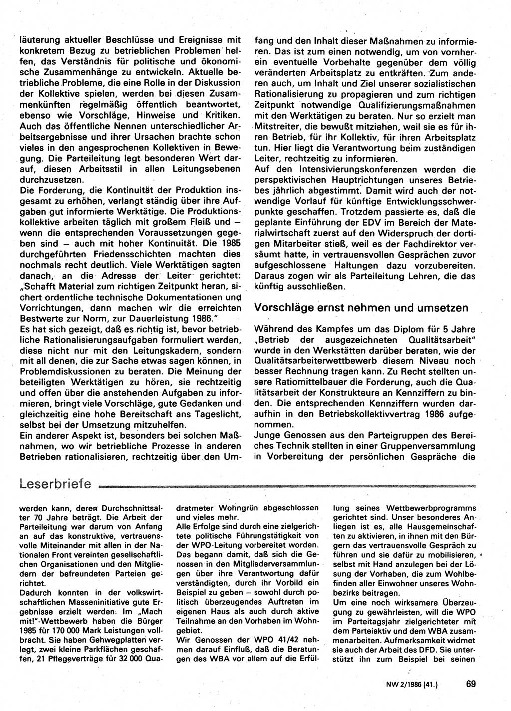 Neuer Weg (NW), Organ des Zentralkomitees (ZK) der SED (Sozialistische Einheitspartei Deutschlands) für Fragen des Parteilebens, 41. Jahrgang [Deutsche Demokratische Republik (DDR)] 1986, Seite 69 (NW ZK SED DDR 1986, S. 69)