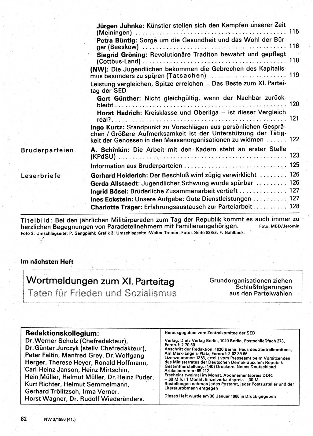 Neuer Weg (NW), Organ des Zentralkomitees (ZK) der SED (Sozialistische Einheitspartei Deutschlands) für Fragen des Parteilebens, 41. Jahrgang [Deutsche Demokratische Republik (DDR)] 1986, Seite 82 (NW ZK SED DDR 1986, S. 82)