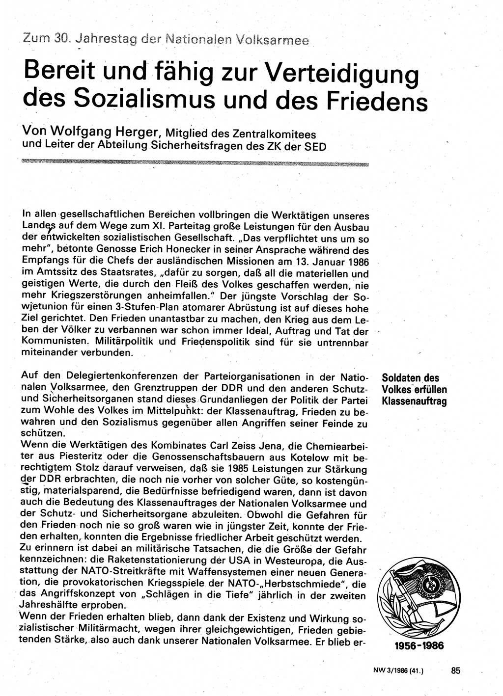 Neuer Weg (NW), Organ des Zentralkomitees (ZK) der SED (Sozialistische Einheitspartei Deutschlands) für Fragen des Parteilebens, 41. Jahrgang [Deutsche Demokratische Republik (DDR)] 1986, Seite 85 (NW ZK SED DDR 1986, S. 85)