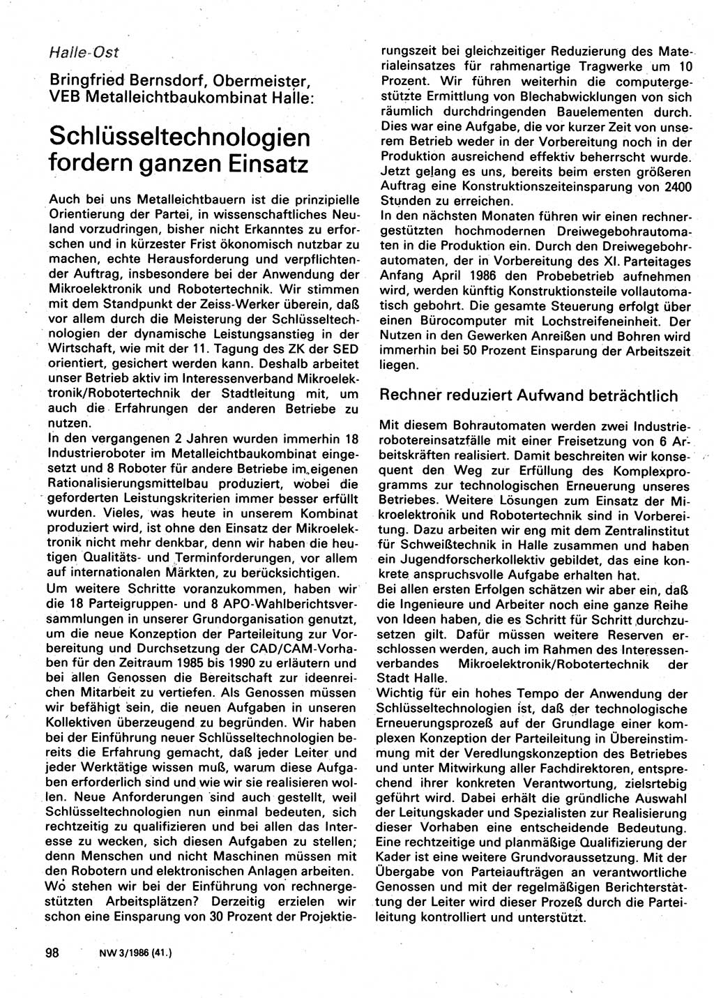 Neuer Weg (NW), Organ des Zentralkomitees (ZK) der SED (Sozialistische Einheitspartei Deutschlands) für Fragen des Parteilebens, 41. Jahrgang [Deutsche Demokratische Republik (DDR)] 1986, Seite 98 (NW ZK SED DDR 1986, S. 98)