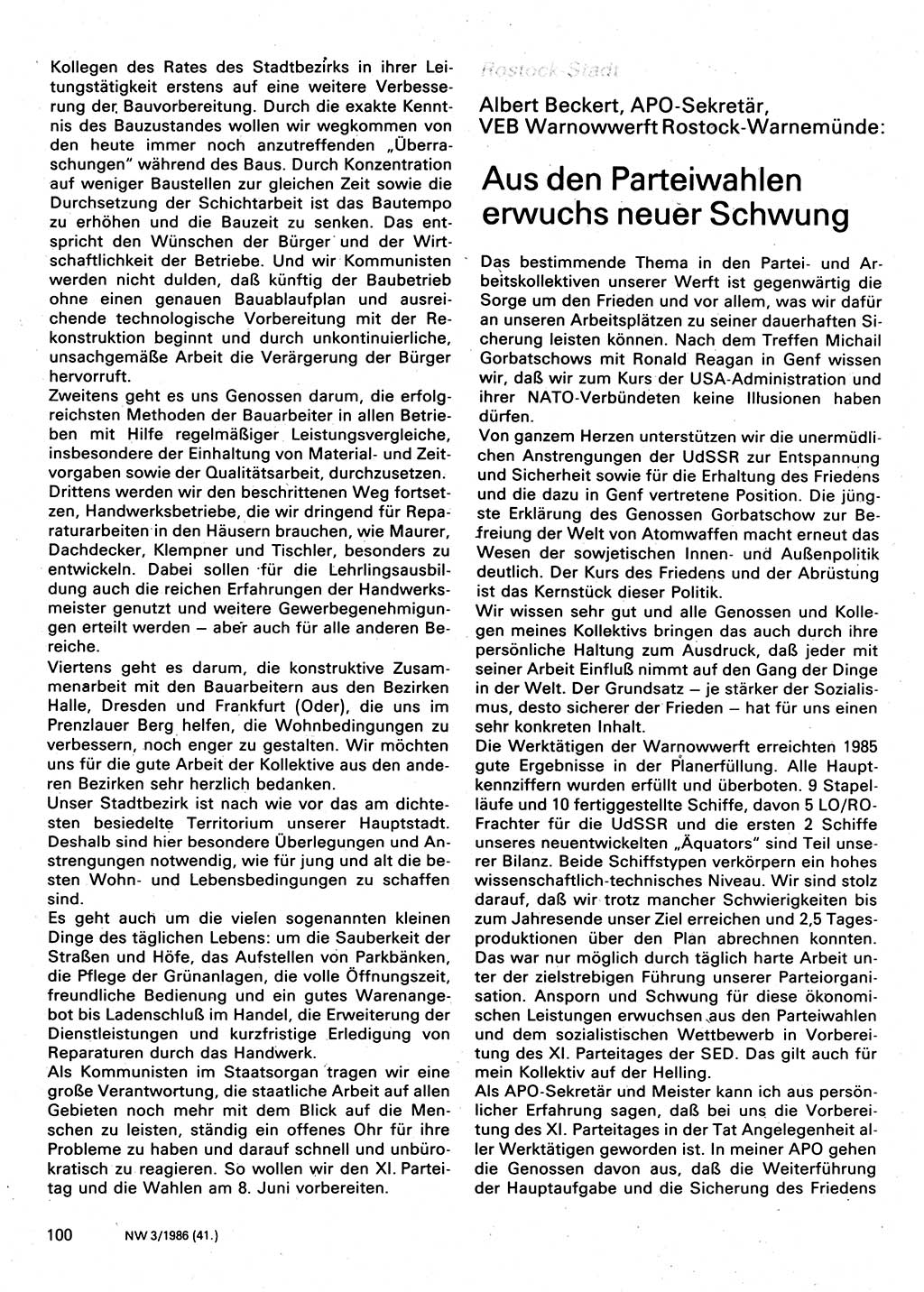 Neuer Weg (NW), Organ des Zentralkomitees (ZK) der SED (Sozialistische Einheitspartei Deutschlands) für Fragen des Parteilebens, 41. Jahrgang [Deutsche Demokratische Republik (DDR)] 1986, Seite 100 (NW ZK SED DDR 1986, S. 100)