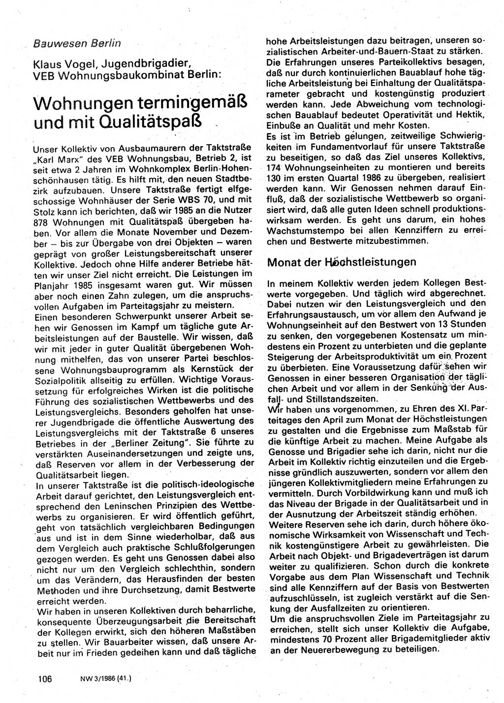 Neuer Weg (NW), Organ des Zentralkomitees (ZK) der SED (Sozialistische Einheitspartei Deutschlands) für Fragen des Parteilebens, 41. Jahrgang [Deutsche Demokratische Republik (DDR)] 1986, Seite 106 (NW ZK SED DDR 1986, S. 106)