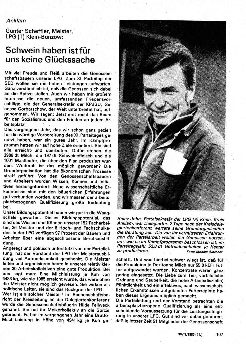 Neuer Weg (NW), Organ des Zentralkomitees (ZK) der SED (Sozialistische Einheitspartei Deutschlands) für Fragen des Parteilebens, 41. Jahrgang [Deutsche Demokratische Republik (DDR)] 1986, Seite 107 (NW ZK SED DDR 1986, S. 107)